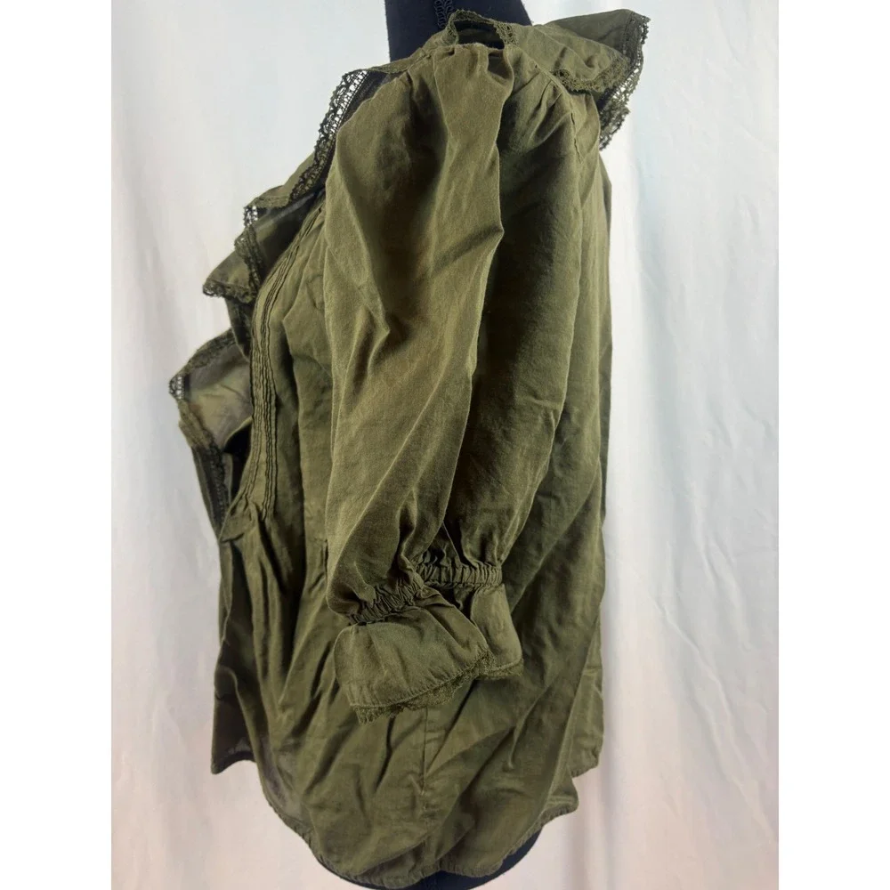 Olive Green Victorian Ruffle Lace Trim Puff Sleeve Pintuck Blouse Top Size XL - Picture 5 of 8